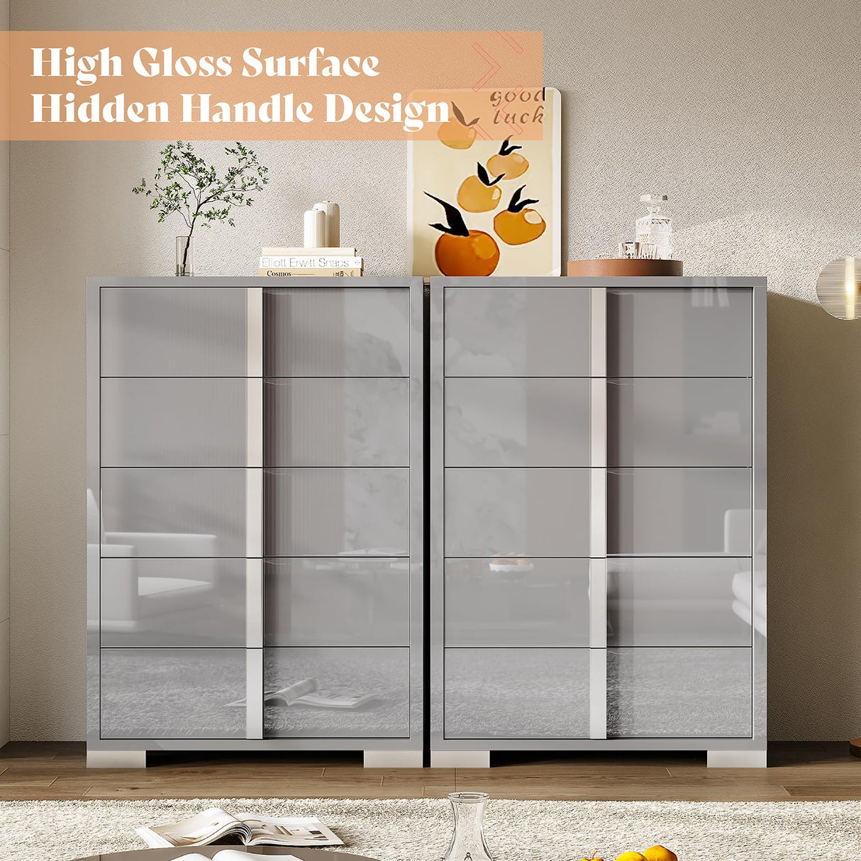 AMERLIFE 50.2" H Modern 5 Drawer Dresser, Glossy Surface Chest of Drawers, Large Storage Organizer for Bedroom, Living Room, Cloakroom, Luxury, Light Grey AMERLIFE