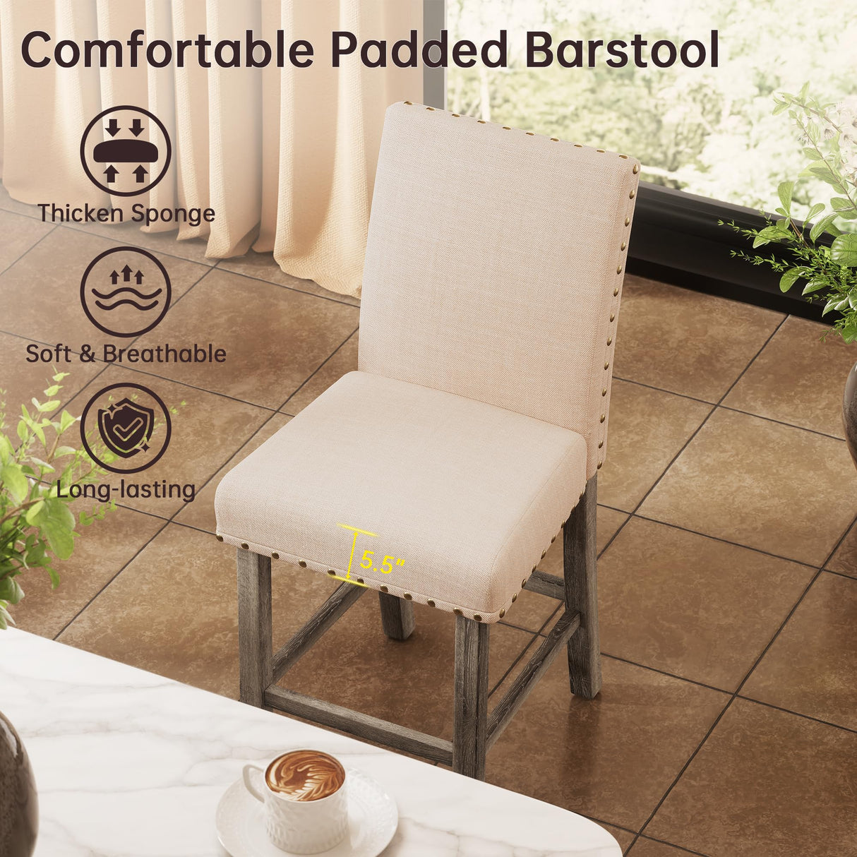 Bar Stools Set of 4, 25.5' Farmhouse Counter Height Barstools, Linen Upholstered Bar Chairs with Ergonomic Backrest and Wood Legs for Kitchen Island, Home Bar, Beige Farati