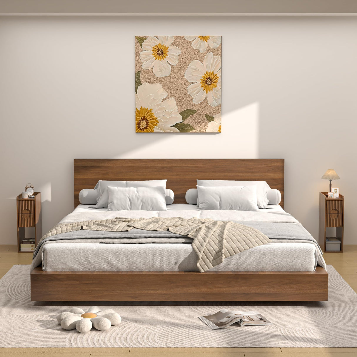 Narrow Fluted Nightstand Set of 2, Wooden Small 2 Drawer Nightstand, Slim Side End Table, Vintage Bedside Table, Mid Century Modern Night Stand with Drawers, for Living Room, Bedroom, Walnut Jluomei