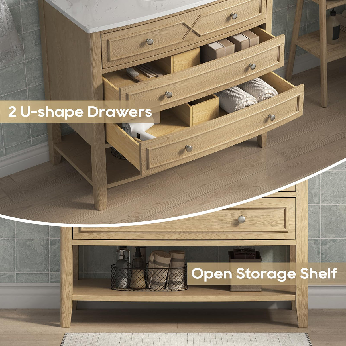 DELUXE LIVING 36 Inch Bathroom Vanity with Ceramic Sink,Fully Assembled Sink Cabinet with Countertop, Wood Frame Vanity with Soft-Closing Drawers & Adjustable Feet, Oak Wood DELUXE LIVING