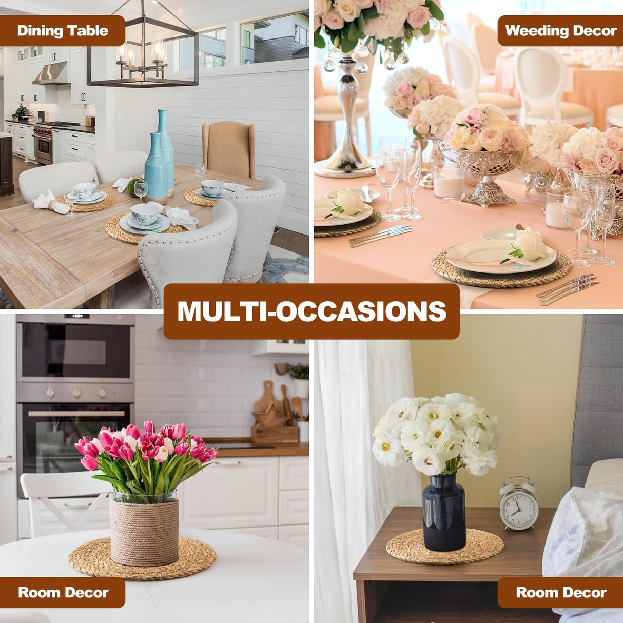 Round Woven Placemats 12 inch Set of 10 - Boho Rattan Placemats Natural Water Hyacinth Placemat, Farmhouse Weave Place Mats, Rustic Braided Wicker Table Mats for Dining Table,Home,Wedding Dimpola