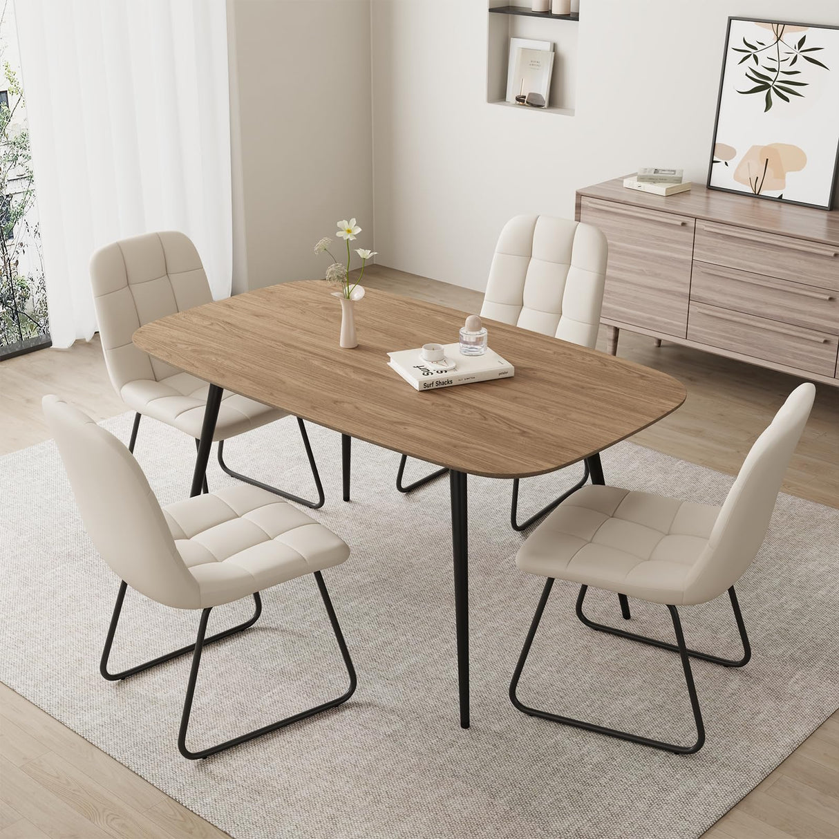 HIPIHOM 47.2'' Dining Table Set for 4,Modern Wood Dining Table,Leather Dining Chairs 4,Table and Chairs Set of 4,Ideal for Kitchen Dining Room (Walnut Color Table + 4 U-Shaped White Chairs, 47.2") HIPIHOM
