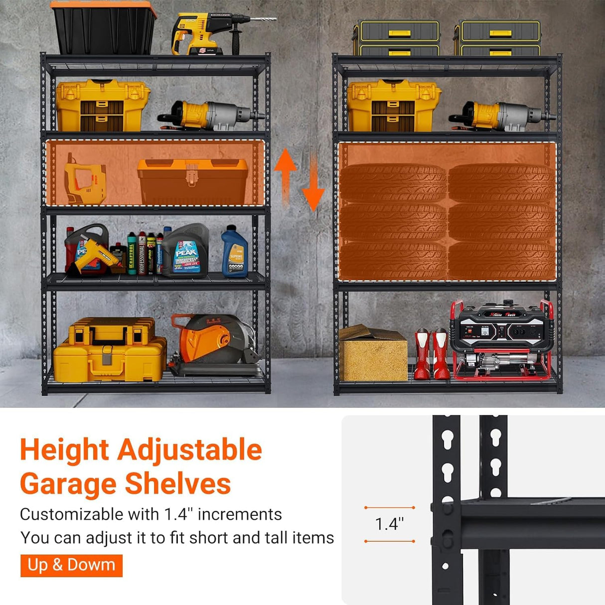 Garage Shelving, 5 Tire Storage Shelving Heavy Duty Garage Shelves 3000LBS Load Bearing, Full Metal Shelving Units, Durable Construction, Adjustable Shelves, Easy Assembly, 60''W x 24''D x 78''H PioneerWorks
