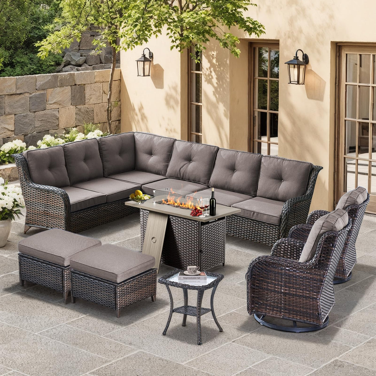 HUMMUH 8 Pieces Outdoor Patio Furniture Set with Fire Pit,L-Shaped Modular Sectional Couches with Swivel Patio Chairs,Wicker Conversation Set for Deck,Backyard,Porch,Garden HUMMUH