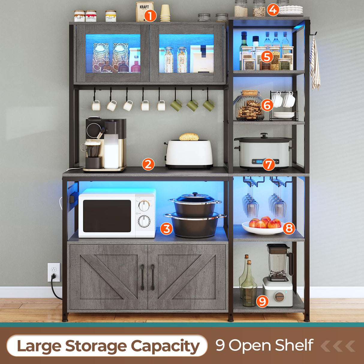 Itaar 45.3 Inch Farmhouse Bakers Rack with Power Outlet, LED Light and Storage Solutions in Grey Itaar