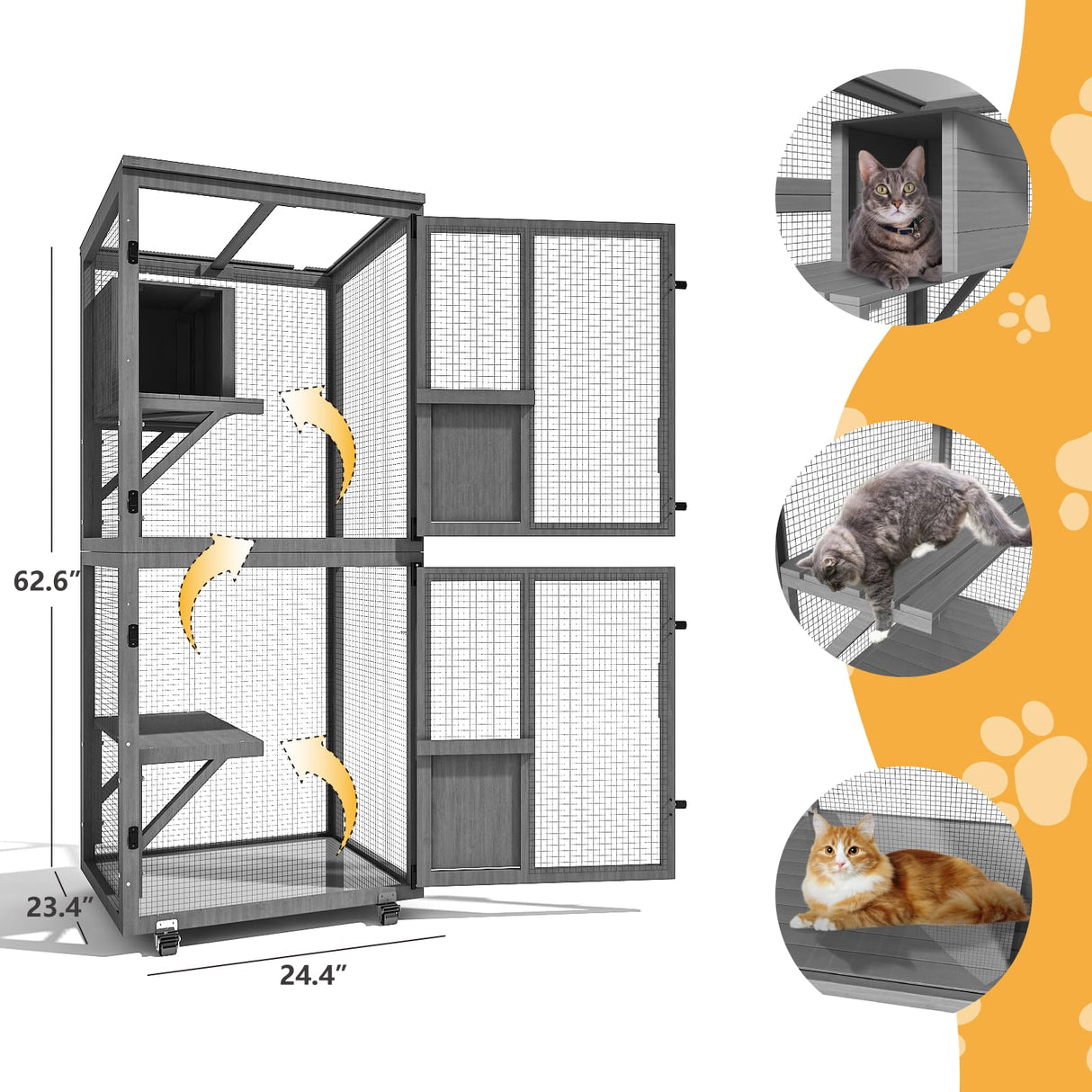 TRYKERPET 4 Tiers Catio Outdoor Cat Enclosure, Outdoor Cats House with 4 Wheels, Cat Enclosure Window Access with Removable Floor, Upgraded Resting Box, Waterproof Roof, Wooden Indoor Pet Cage, Grey TRYKERPET