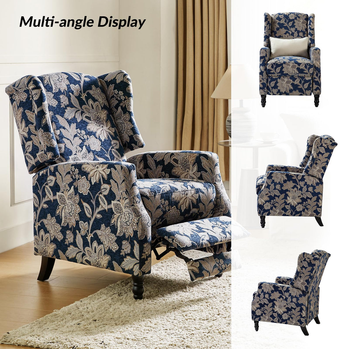 Upholstered Wingback Recliner Chair, Traditional Push Back Recliner Sofa, Mid Century Modern Lounge Armchair for Living Room, Home Theater Accent Chairs Recliners Couches (Garden) TINA'S HOME