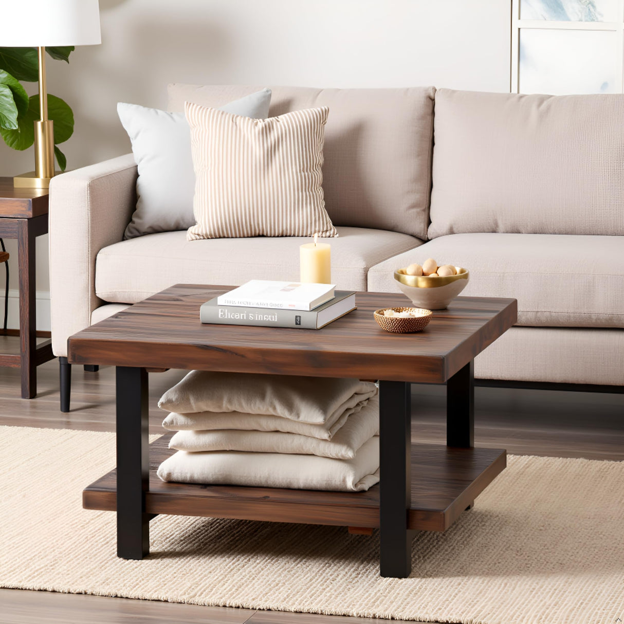 Pomona 27-Inch Rustic Square Coffee Table – Solid Pine Wood with Natural Weathered Finish and Industrial Metal Legs – Small Space Living Room Accent by Alaterre Furniture Alaterre Furniture