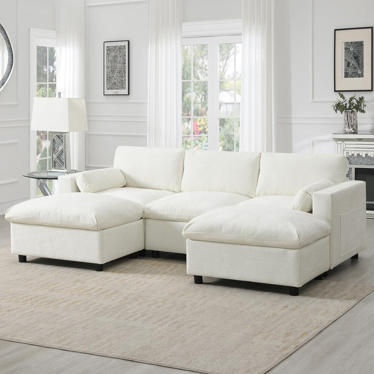 Merax 86.5" Sectional Sofa with Storage Pockets & Removable Ottomans, Cream 5 Seat U Shaped Sleeper Cloud Couch Set, Convertible L-Shaped Upholstered SofaBed for Living Room and Apartment, White Merax