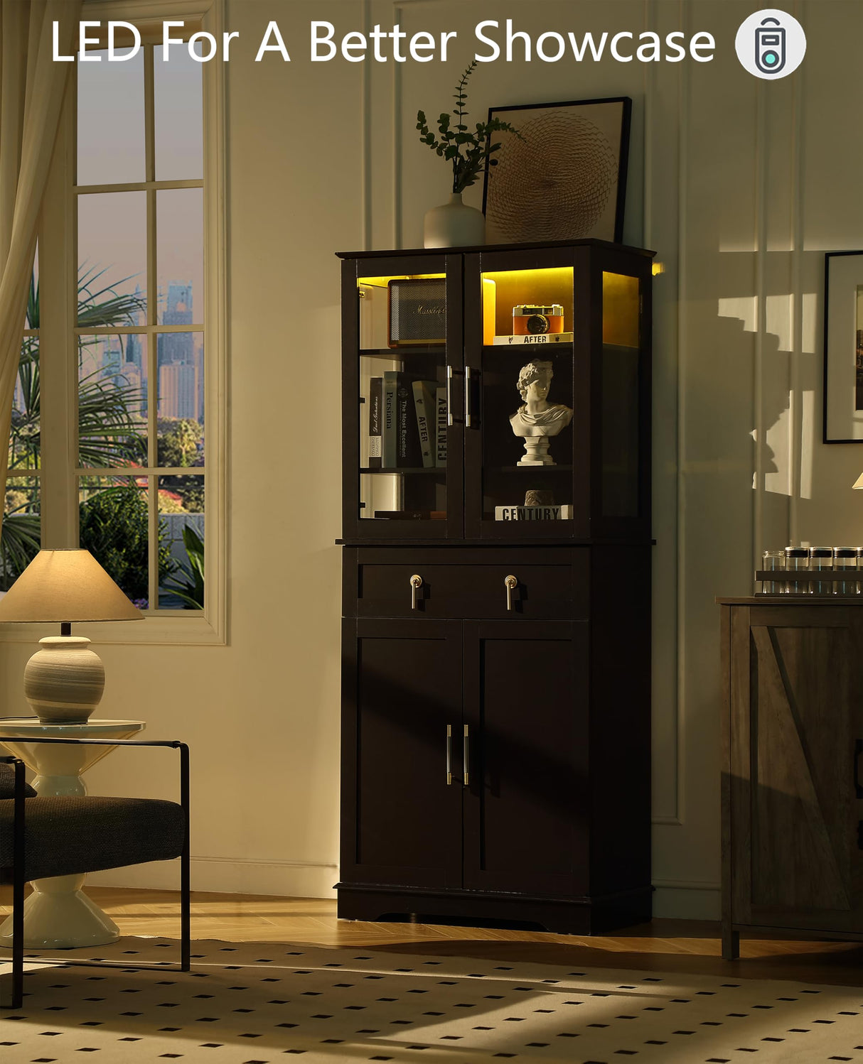 FOREST GRAVITY 71''Tall Pantry Cabinet,Kitchen Pantry,LED Lighting Display Cabinet,a Drawer,3 Adjustable Shelves,Pantry for Dining Room and Kitchen 3 Side Panels of Glass for Better Showcase,Black FOREST GRAVITY