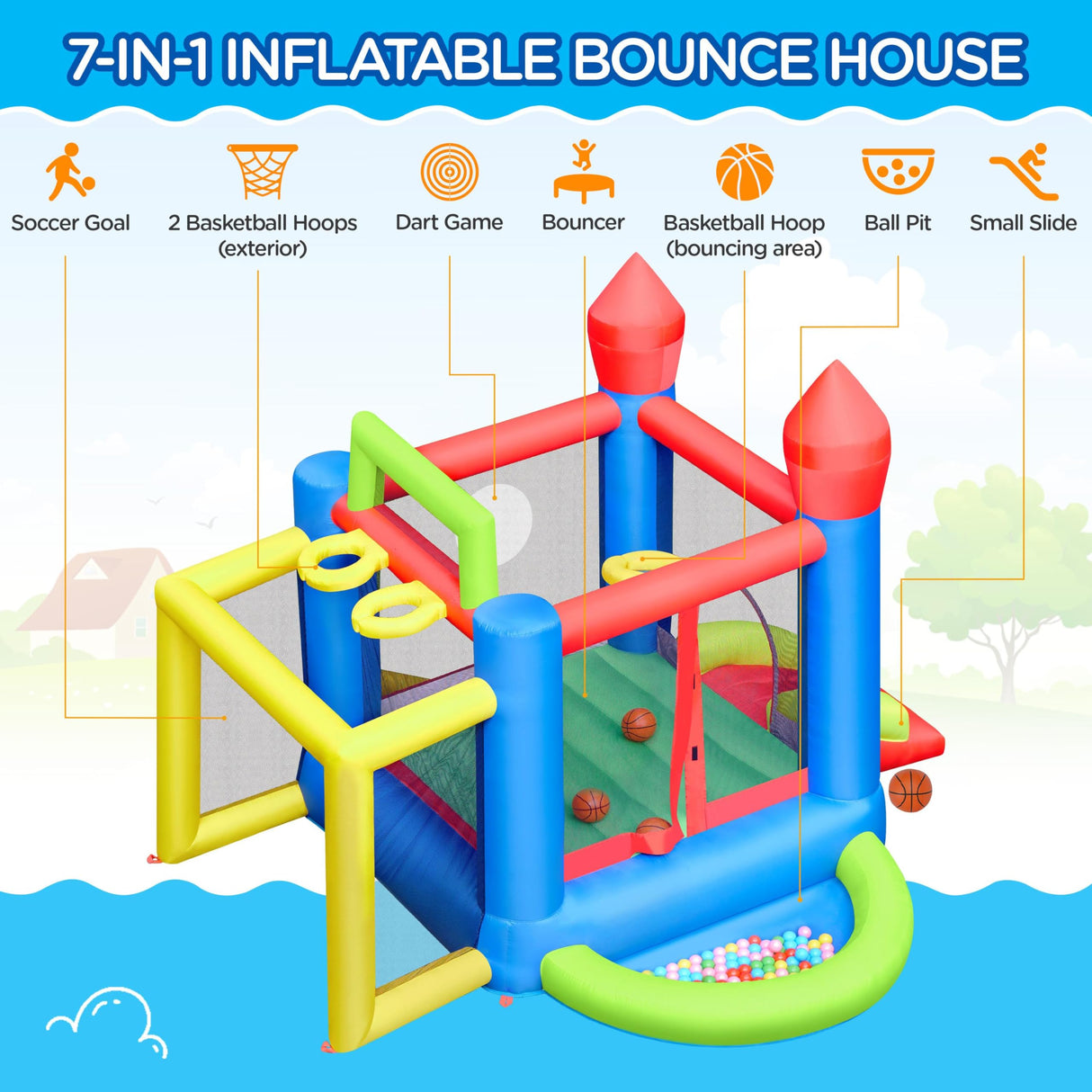 Yaheetech Inflatable Bounce House, 7-in-1 Bouncy Castle Combo w/Ball Pit & 3 Basketball Hoops & Soccer Goal & Dartboard & Slide, for Kids Aged 3-10 w/Storage Bag & 470W Blower Yaheetech