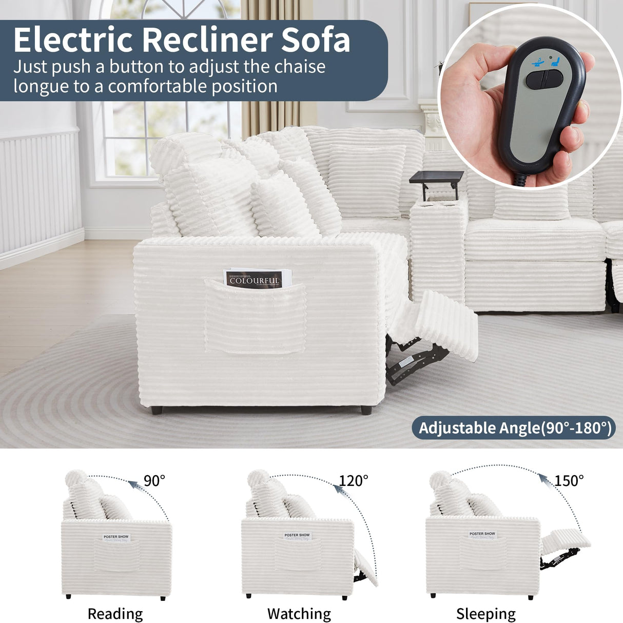 LEVNARY 6-Seat U Shaped Modular Sectional Sofa with Power Recliners, Faux Rabbit Fur Upholstery, Storage Console with Charging Ports & Cup Holders, Living Room Couch Set for Home Office (White) LEVNARY