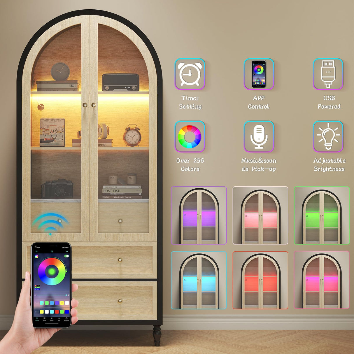 Semoic 73" Tall Arched Storage Cabinet - Modern Farmhouse Bookcase with 3 Large Drawers, Display Cabinet for Living Room, Dining Room, Kitchen Pantry, Brown & Black Semoic