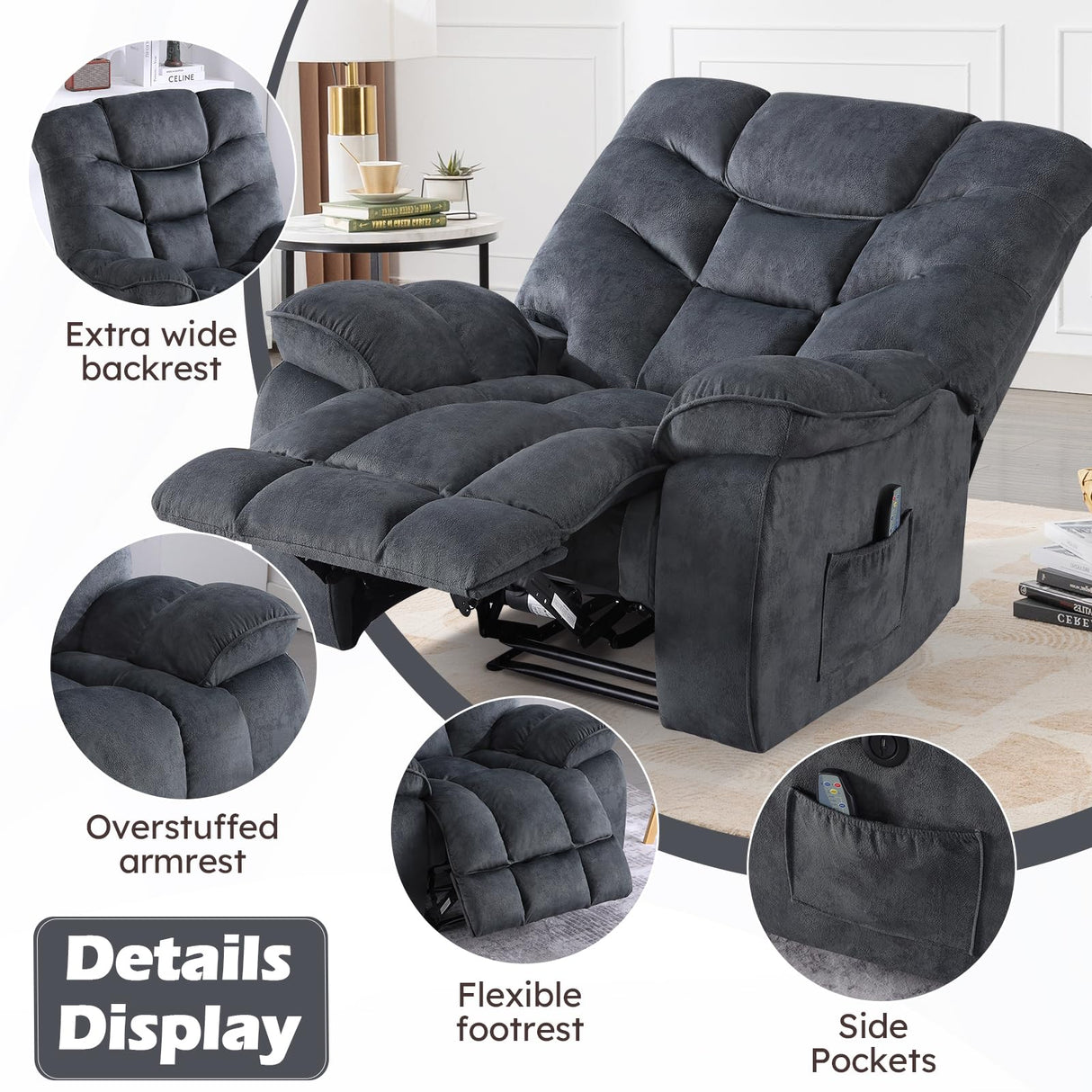 HAOMARKETS Oversized Electric Recliner Chair with Massage and Heat, 41" Wide Power Reclining Chairs with USB Port, Breathable Fabric Overstuffed Reclining Sofa for Living Room Bedroom (No Lift) HAOMARKETS