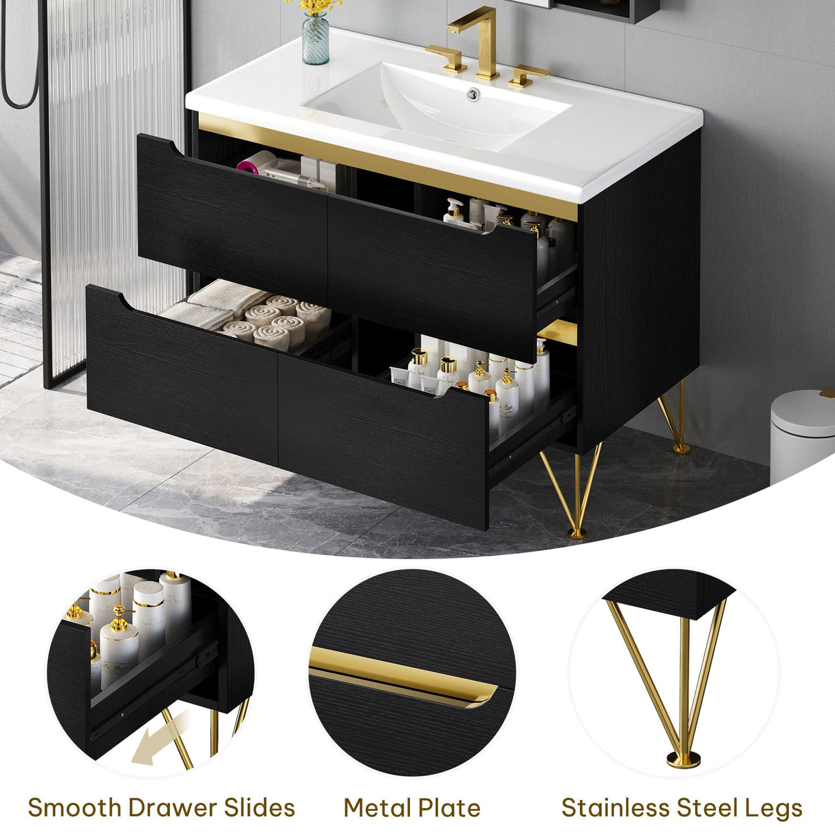 DWVO 40 Inch Freestanding Bathroom Vanity with Sink Combo, Modern Undermount Bathroom Storge Cabinet with 3 Holes Ceramic Basin, 4 Extra Large Drawers, Black DWVO