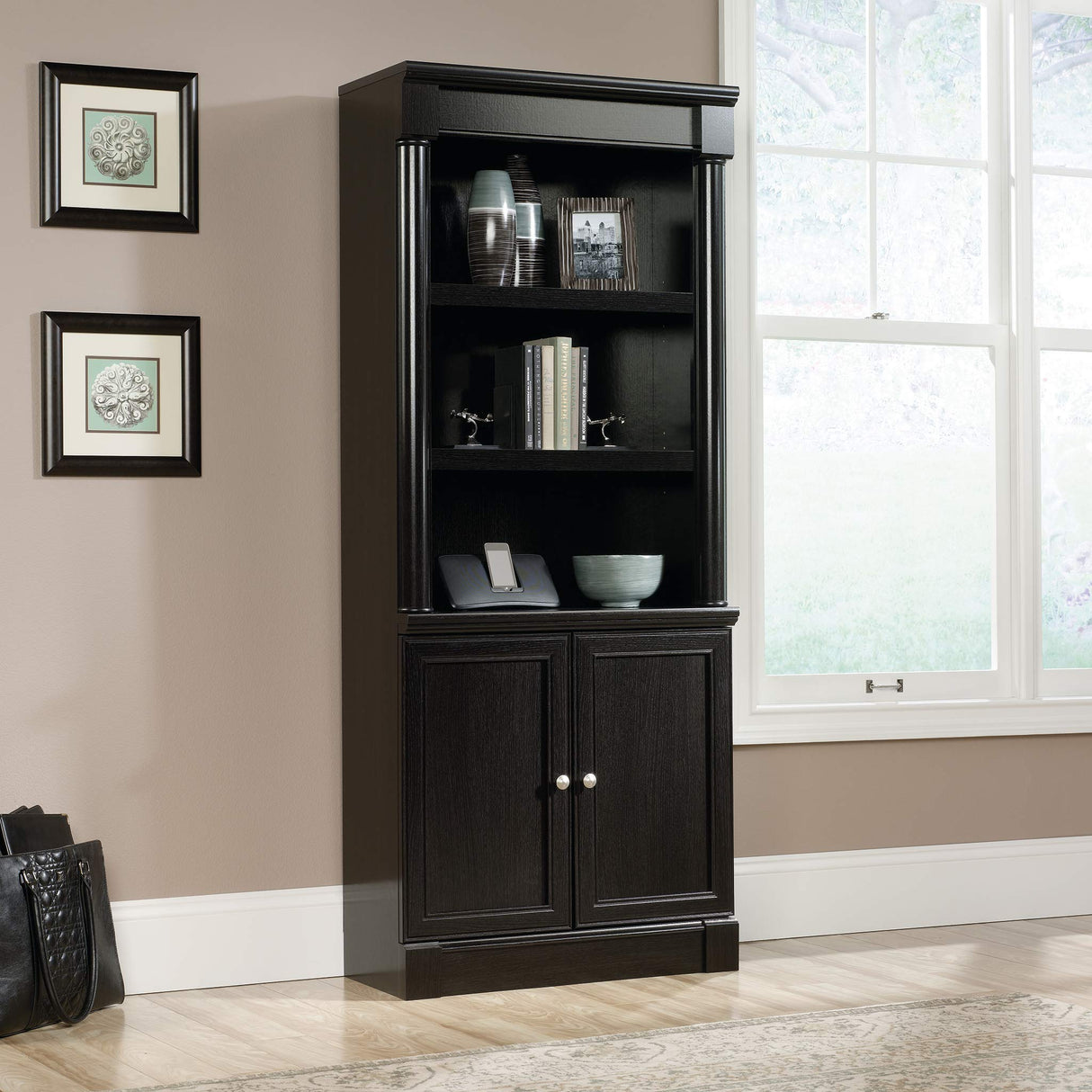 Sauder Palladia Library with Doors/Book Shelf, L: 29.37" x W: 13.90" x H: 71.85", Wind Oak finish Sauder