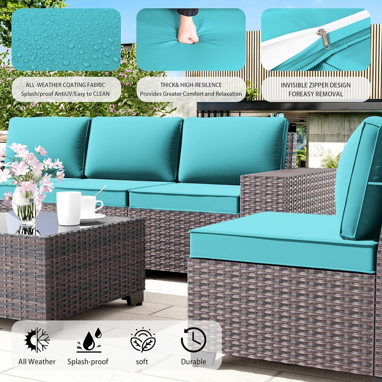 RTDTD Outdoor Patio Furniture Set, 6 Pieces Outdoor Furniture All Weather Patio Sectional Sofas PE Wicker Modular Conversation Sets with Coffee Table,5 Chairs & Seat Clips Turquoise Blue. RTDTD