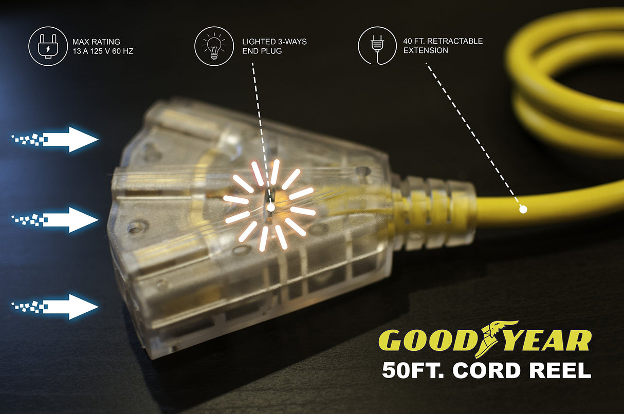 Goodyear Extension Cord Reel Retractable 16AWG x 50' Foot 3C/SJTOW Commercial Cable LED Triple Tap Connector Power 10A 125VAC 938W Goodyear