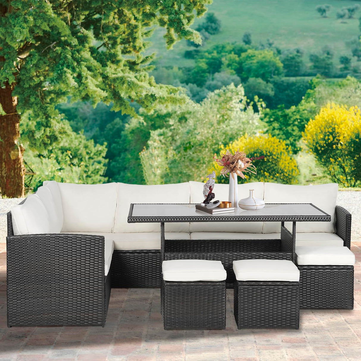 Outdoor Dining Sets 7 Pieces Patio Dining Table Set 9 Seats Rattan Outdoor Furniture Set with Glass Dining Table Sectional Sofas Ottoman Cushions for Patio Backyard Poolside Outdoor, Khaki PayLessHere