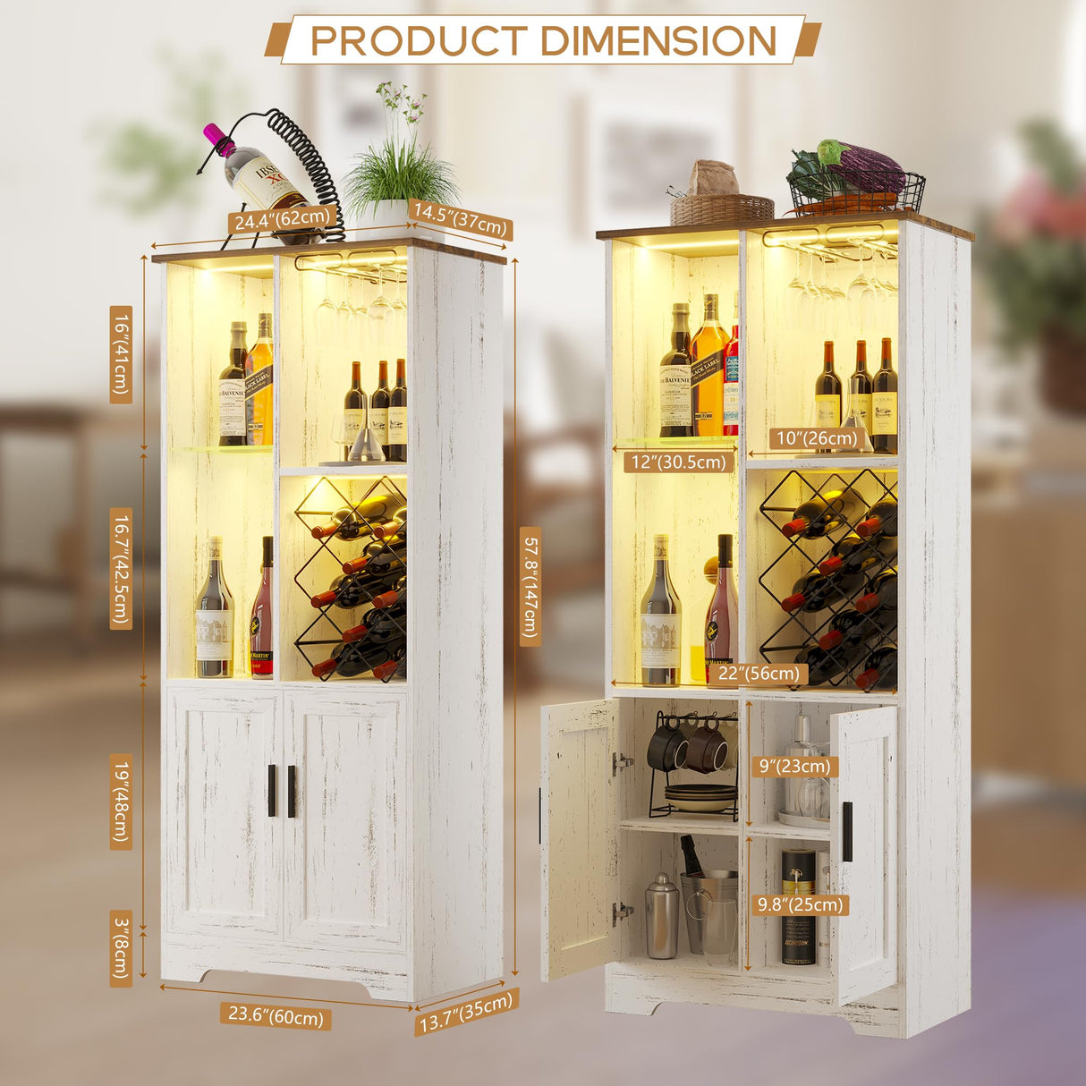 Kasibie Wine Cabinet, Wine Bar Cabinet with LED Lights, Liquor Cabinet with Glass Holder Wine Rack, Farmhouse Modern Liquor Cabinet with Storage for Home (Wood White) Kasibie