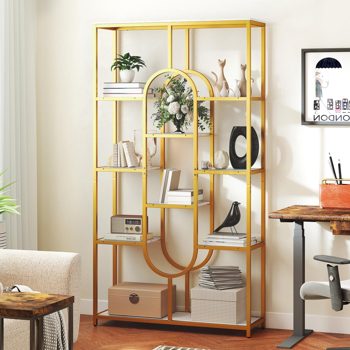 Giantex 5-Tier Bookshelf, 69" Tall Geometric Bookcase w/ 10 Open Shelves, Oval Shape, Modern Gold Display Shelf w/Metal Frame, Freestanding Storage Organizer for Living Room, Office Giantex