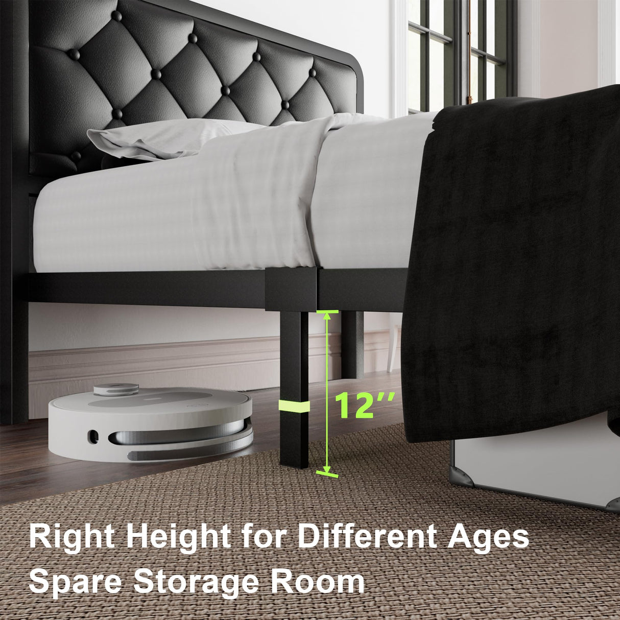 Feonase Twin Bed Frame, Upholstered Platform Bed Frame with Diamond Tufted Headboard, Heavy-Duty Steel Slats, 12" Storage Space, Noise Free, No Box Spring Needed, Easy Assembly, Black Feonase