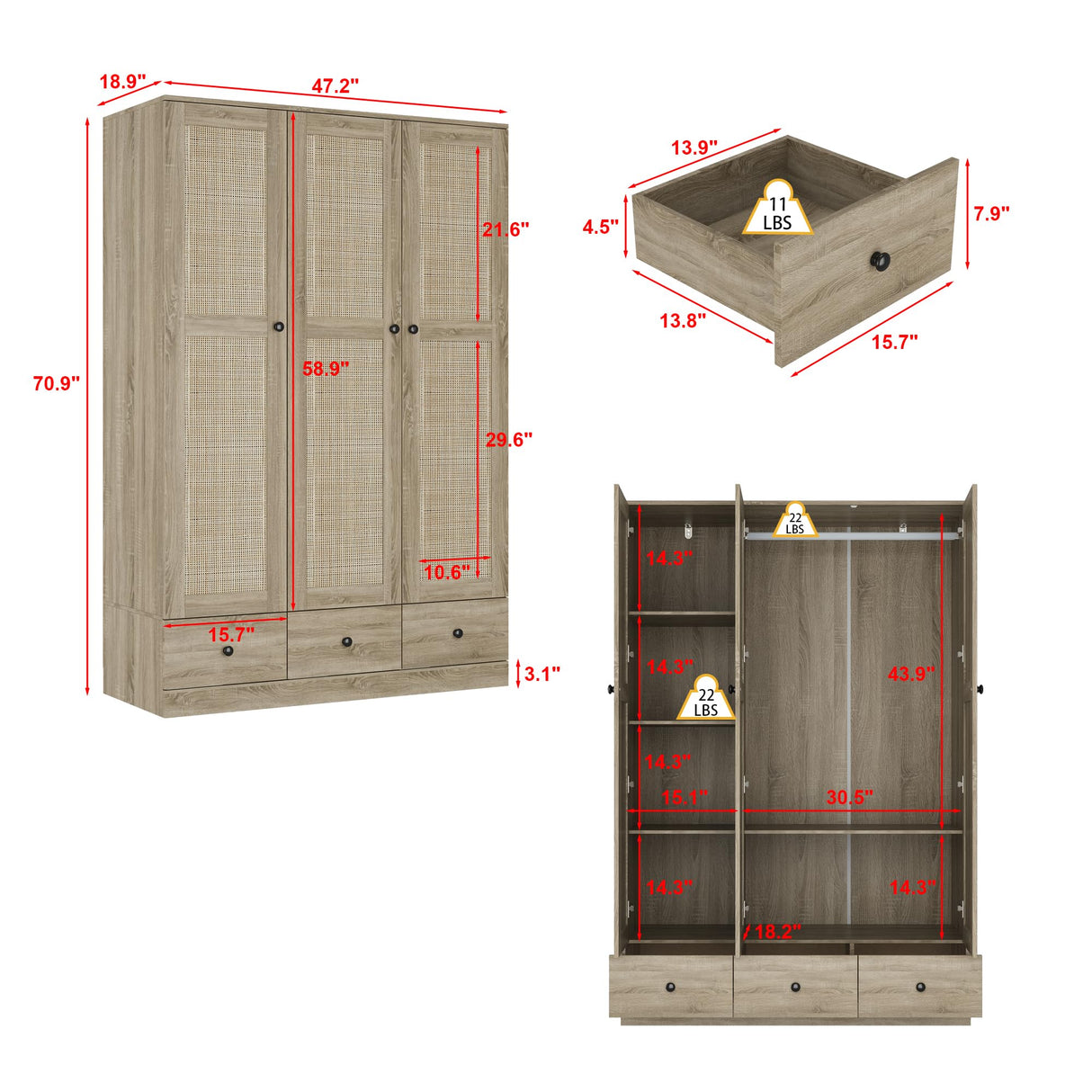 Homsee 3-Door Rttan Wardrobe Armoire Closet, Bedroom Cabinet Armoire with 3 Rattan Doors, 3 Drawers, Hanging Bar & 6 Shelves, Light Brown Homsee