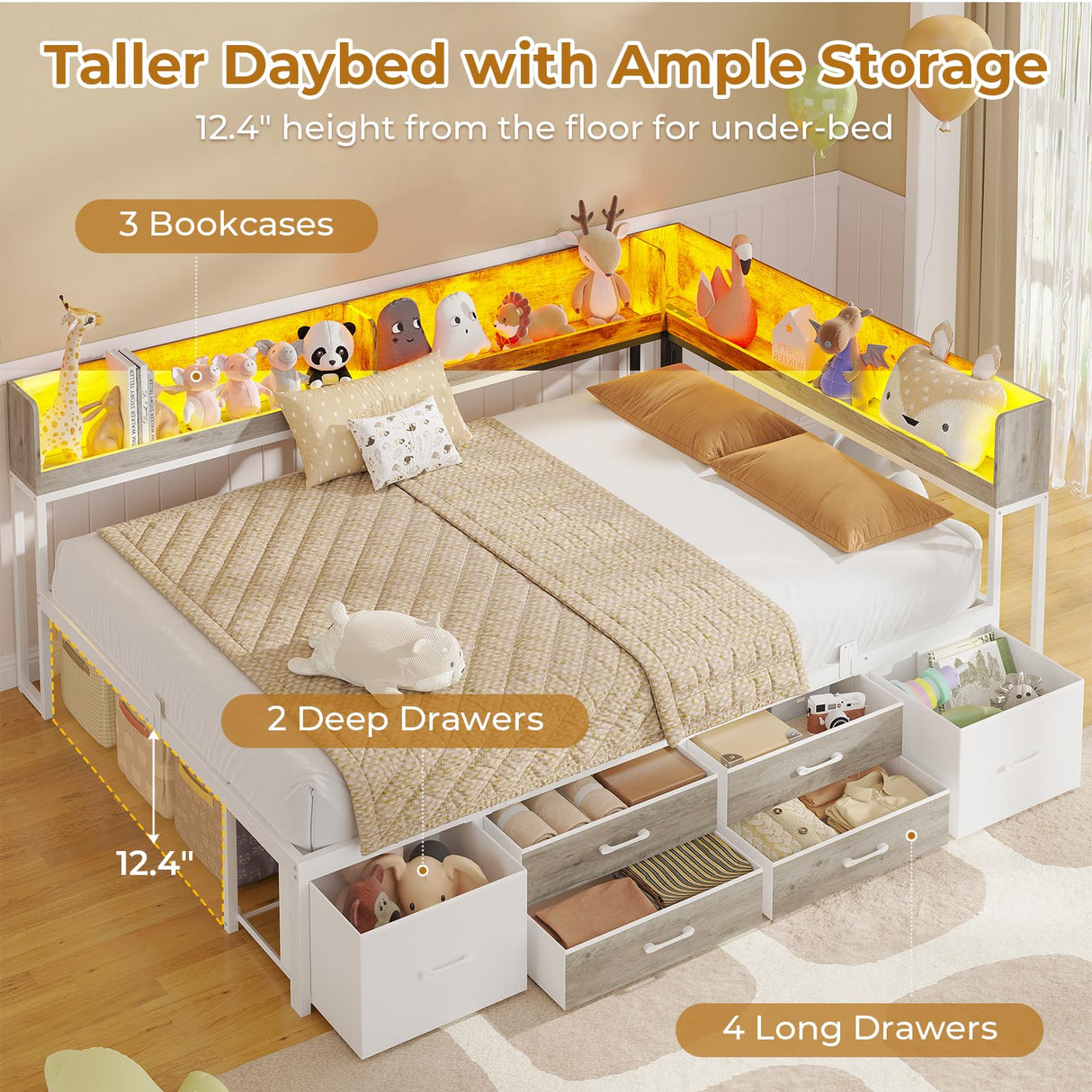 MSmask 14 Inch Corner Bed Frame with Bookcase Storage, Full Daybed with 6 Drawers, Charging Station and LED Light, Full Size Metal Platform Bed Frame for Kids Teenagers, White & Oak Grey MSmask