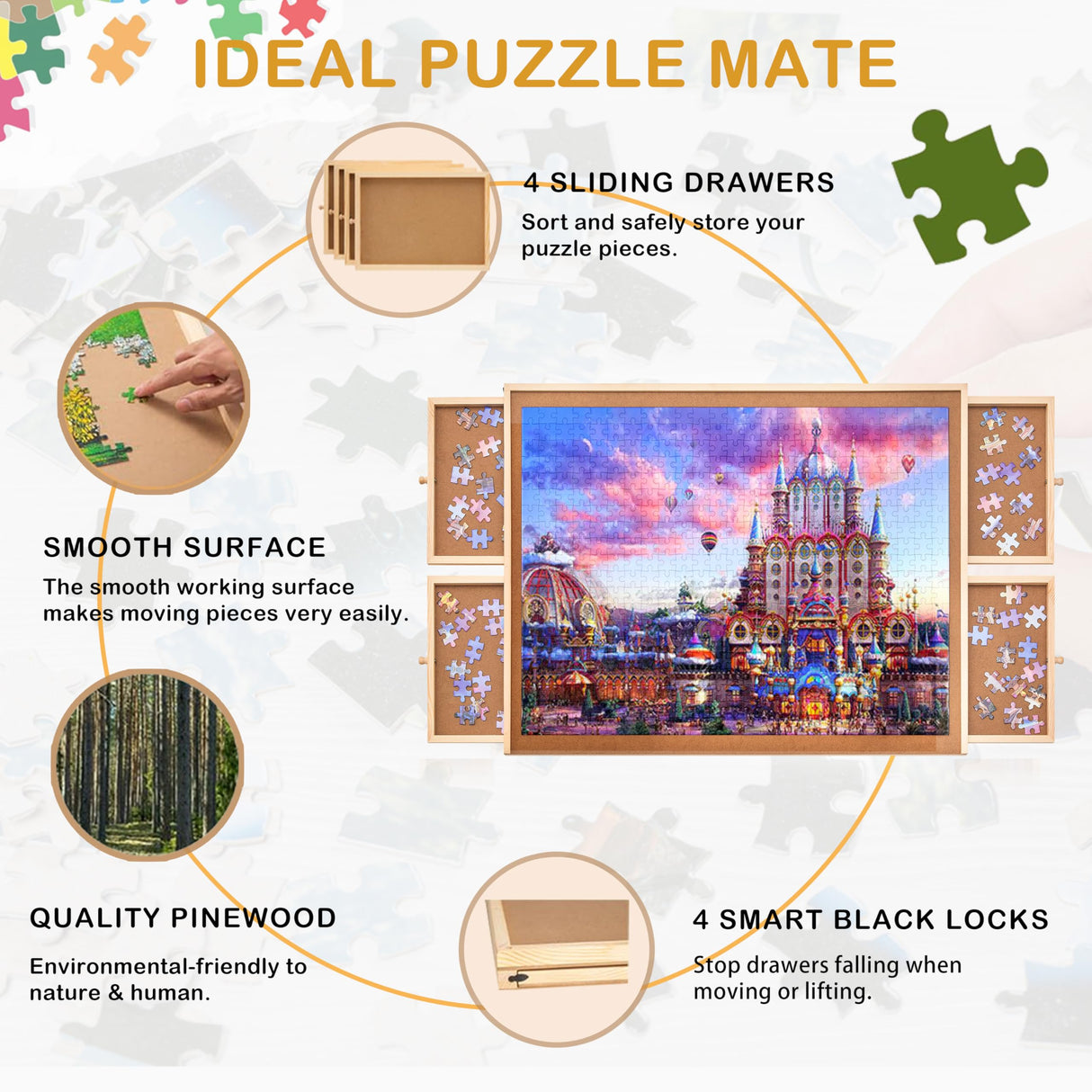 1000 Pieces Puzzle Board with 4 Drawers and Cover, 22"x30" Wooden Jigsaw Puzzle Table for Adults, Portable Puzzle Organizer & Storage System, Birthday Gift for Mom