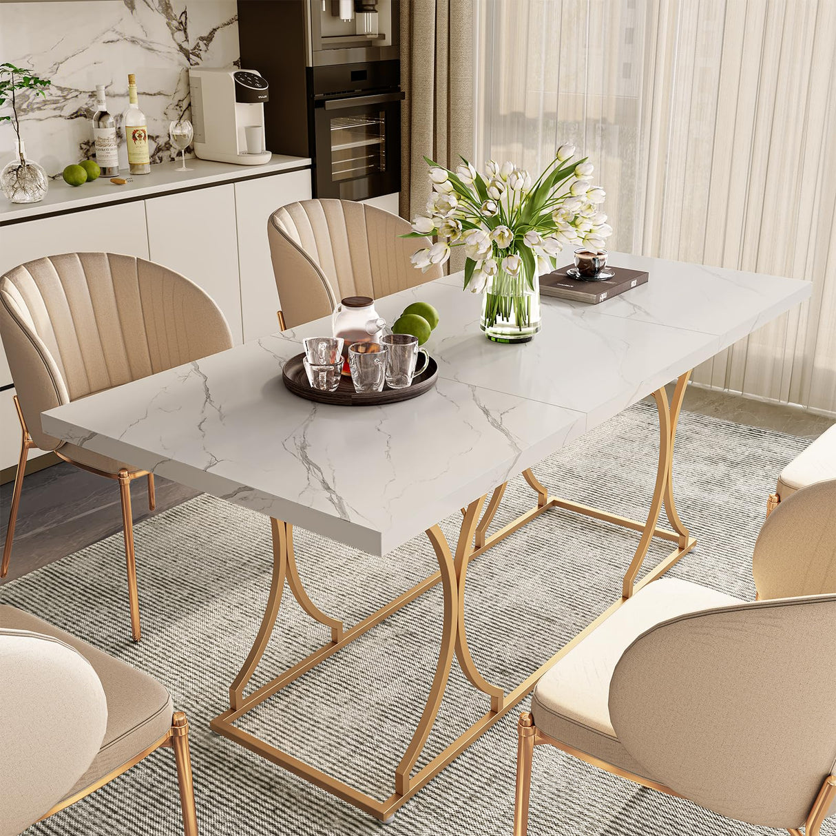 ONBRILL 71 Inch Dining Table for 6-8 People, Modern Rectangle Kitchen Table, White Dinner Table with Gold Metel Frame for Kitchen, Office, Living Room and Dining Room ONBRILL