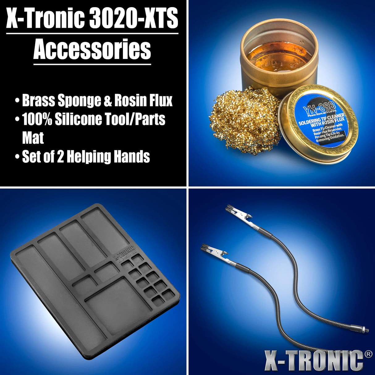 The Original X-Tronic 3020-XTS • 75W Soldering Iron Station Kit • 2 Helping Hands • Silicone Tool Mat • 5 Extra Tips • 50g Roll of Solder • Brass Sponge • Cleaning Flux • C/F Conversion • Auto Sleep! X-TRONIC