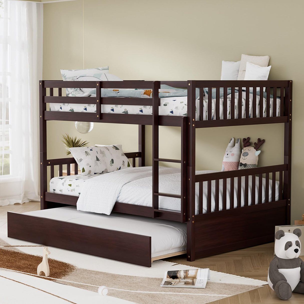 WIILAYOK Full Over Full Bunk Bed with Trundle, Convertible to 2 Full Size Platform Bed, Bunk Bed with Ladder and Safety Rails for Teens, Adults, Brown WIILAYOK