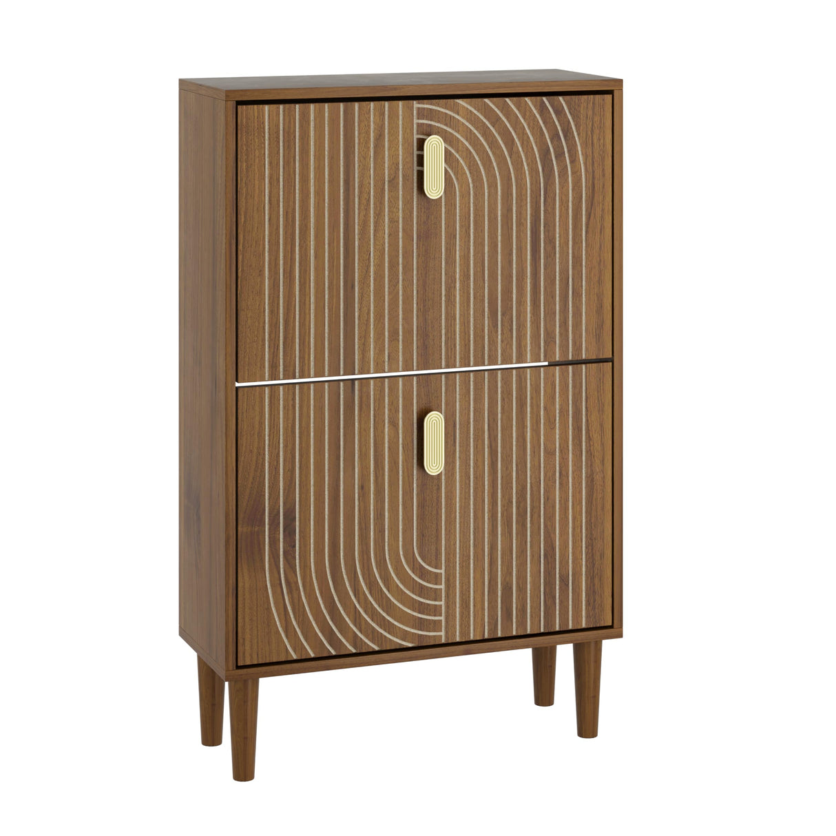 Smuxee Shoe Cabinet with 2 Flip Drawers, 23.6" Walnut Hidden Shoe Storage Cabinet with Line Groove Design, Freestanding Shoe Organizer Cabinet for Entryway, Hallway, Living Room Smuxee