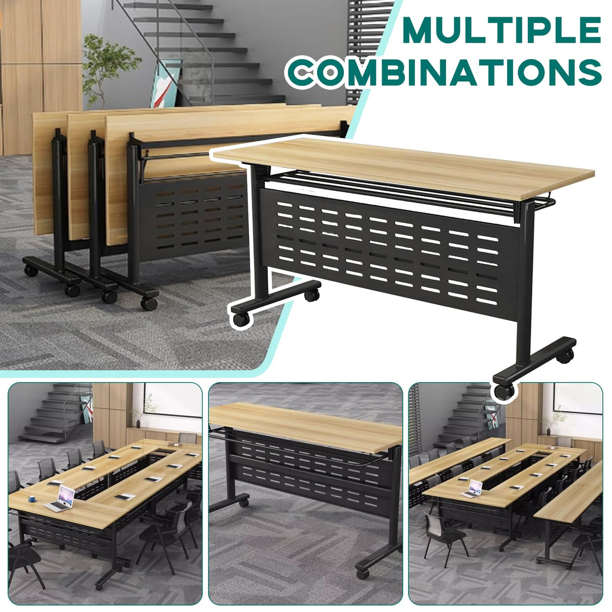 Folding Conference Table, Foldable Conference Rooms Training Rooms Flip Top Mobile Training Table, With Caster Wheels Long Seminar Table for Meeting Room, Rectangular Modular Conference Room Table AKFJOSGE
