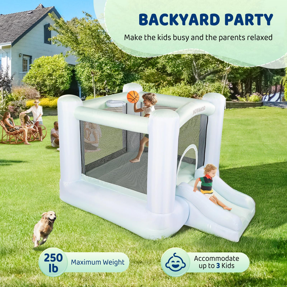 JOYMOR Grandient Style 3-in-1 Bounce House for Kids 3-6 w/Basketball Hoop, Slide, Kids 30s Blow Up Small Bounce House with Blower for Toddlers Indoor Outdoor Party JOYMOR