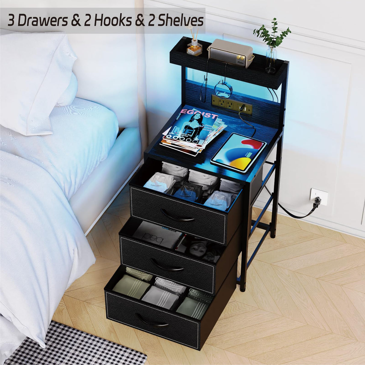 SZLHANJZ LED Nighstand with Charging Station, Dresser Nightstand with 3 Drawers and LED Lights, Storage Side Table with Shelf and Hooks, Tall End Table for Bedside, Bedroom, Modern Black SZLHANJZ