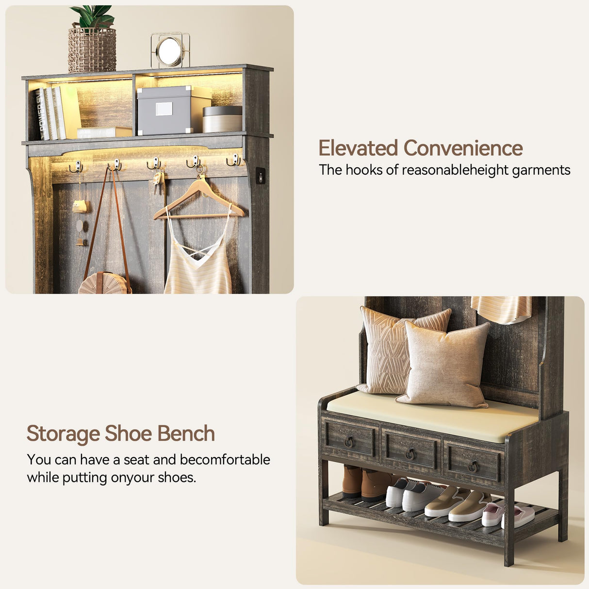 Gurexl 67” Farmhouse Hall Tree with Shoe Storage, Auto Sensor Wood Coat Tree with LED Lights, 3-in-1 Entryway Bench with Coat Rack, Hooks and Drawers for Hallway, Living Room (Dark Rustic Oak) Gurexl