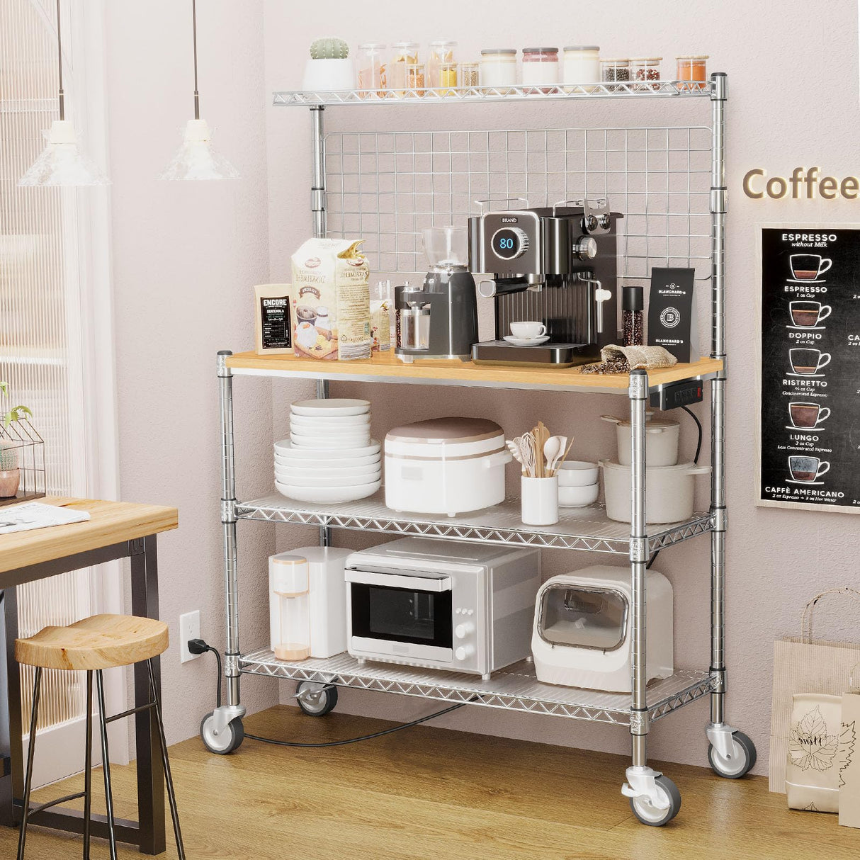 Leteuke Bakers Rack with Power Outlet & Storage, 36 Inch Microwave Stand Kitchen Cart, 4-Tier Metal Kitchen Shelves Cart with Wheels & 20 S-Hooks for Kitchen, NSF Certified, 63 x 18 x 36 Inch-Chrome Leteuke