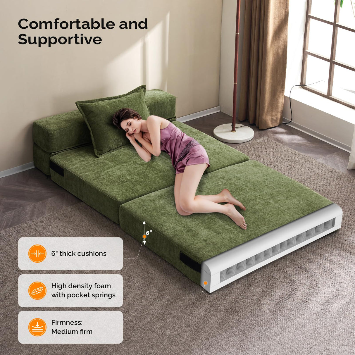 VINGLI Futon Sofa Bed Sleeper Sofa Chair Bed Floor Sofa Twin Small Couch Folding Mattress Couches for Living Room Floor Chair Freestanding RV Futon Couch for Indoor and Outdoor (Olive Green) VINGLI