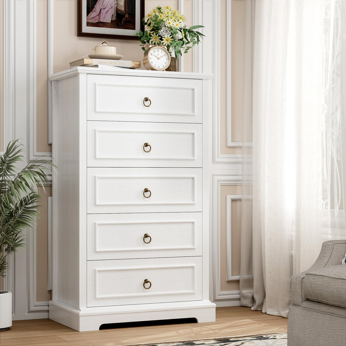 HOSTACK Dresser for Bedroom, 44" Tall Dresser with 5 Drawers, White Chest of Drawers with Storage, Modern Farmhouse Wood Dressers for Closet, Living Room, Hallway HOSTACK