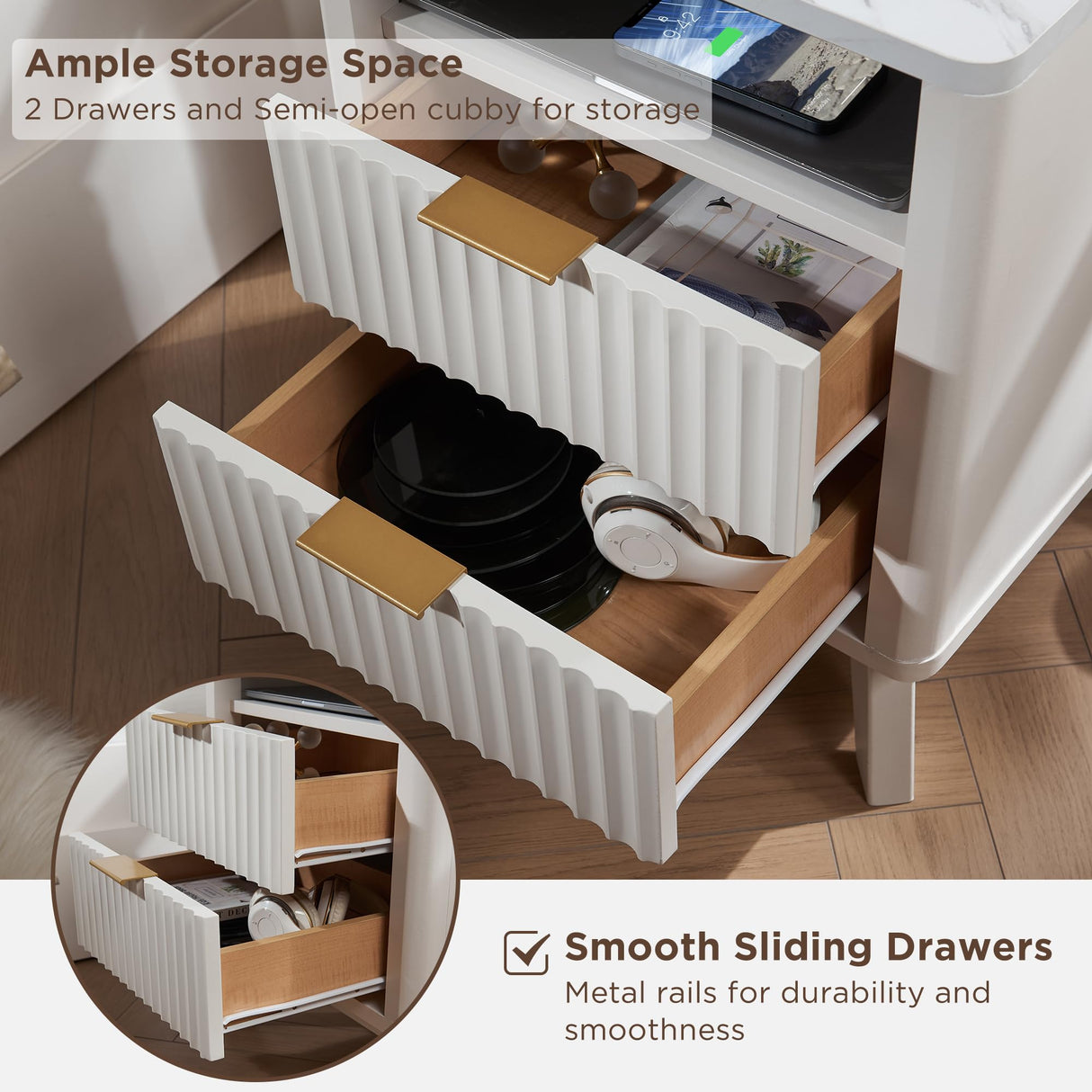 T4TREAM Fluted Nightstand with Charging Station, 18" Modern Side Table with Faux Marble Top, 2 Drawers End Table w/Storage, Bedside Table for Bedroom, Living Room, Curved Profile Design, Solid White T4TREAM