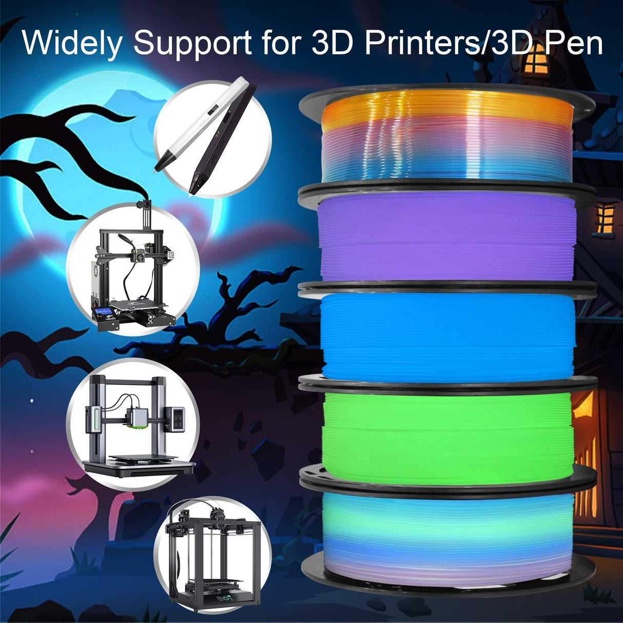 1.75mm PLA 3D Printer Filament Bundle: Glow in Dark Green/Blue/Purple/Rainbow, One Spool Clear Multi Colored, Each Spool 250g, Total 1.25Kg 3D Printing Material, 250g x 5 Spools Glow in Dark PLA DO3D