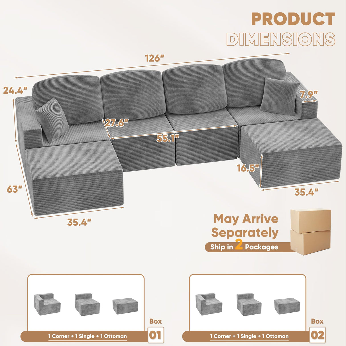 Homall 126" Sectional Couches for Living Room, Modern Fabric Boneless Couch with Deep Seat, Upholstered Cloud Sofa with 2 Ottoman, No Assembly Required (Grey, U Shaped Sofa) Homall