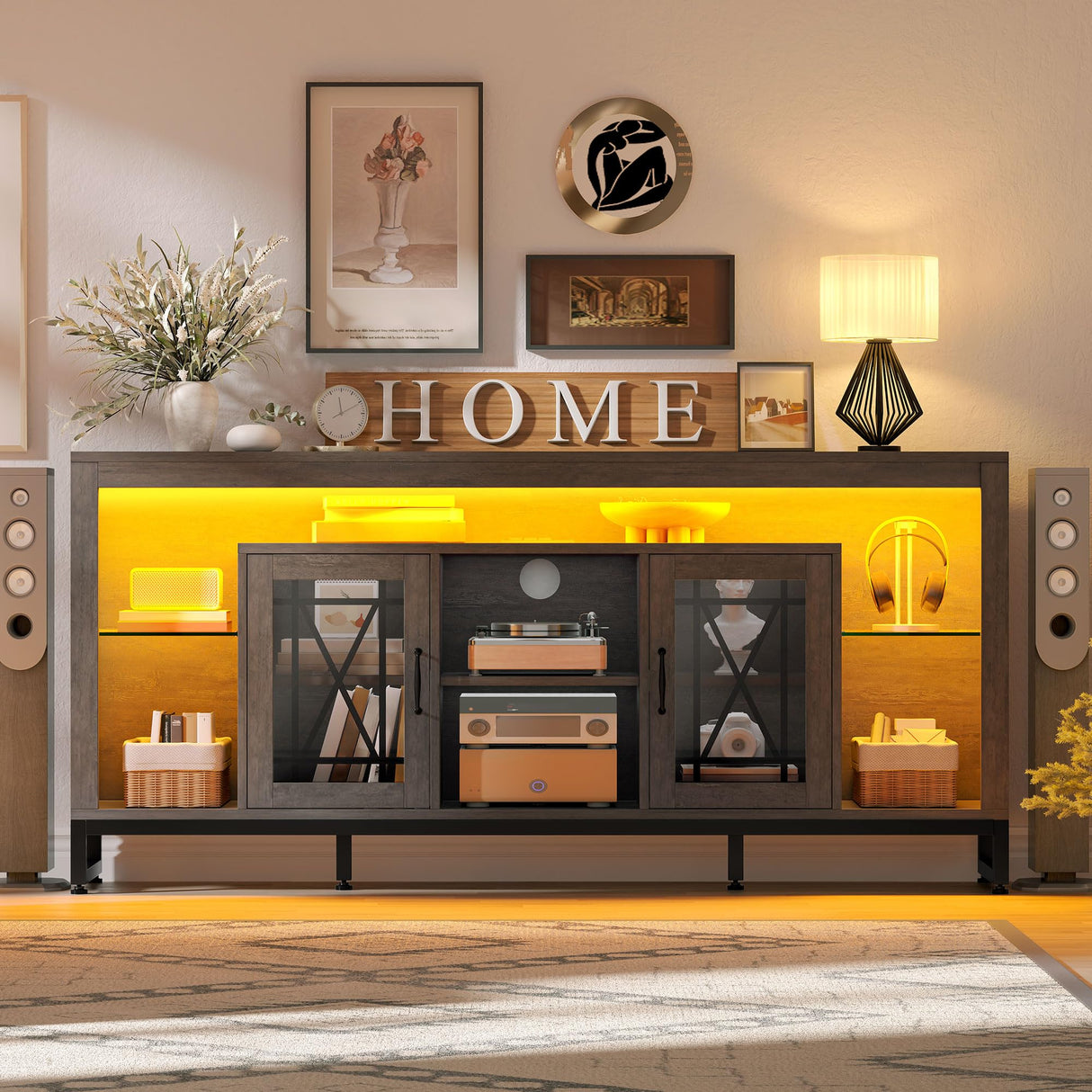 YITAHOME 33.5'' Tall TV Stand for 75 inch TV, LED Entertainment Center with Storage, Grey TV Stands for Living Room with Acrylic Doors & Power Outlets, Tall TV Console Cabinet, Grey YITAHOME