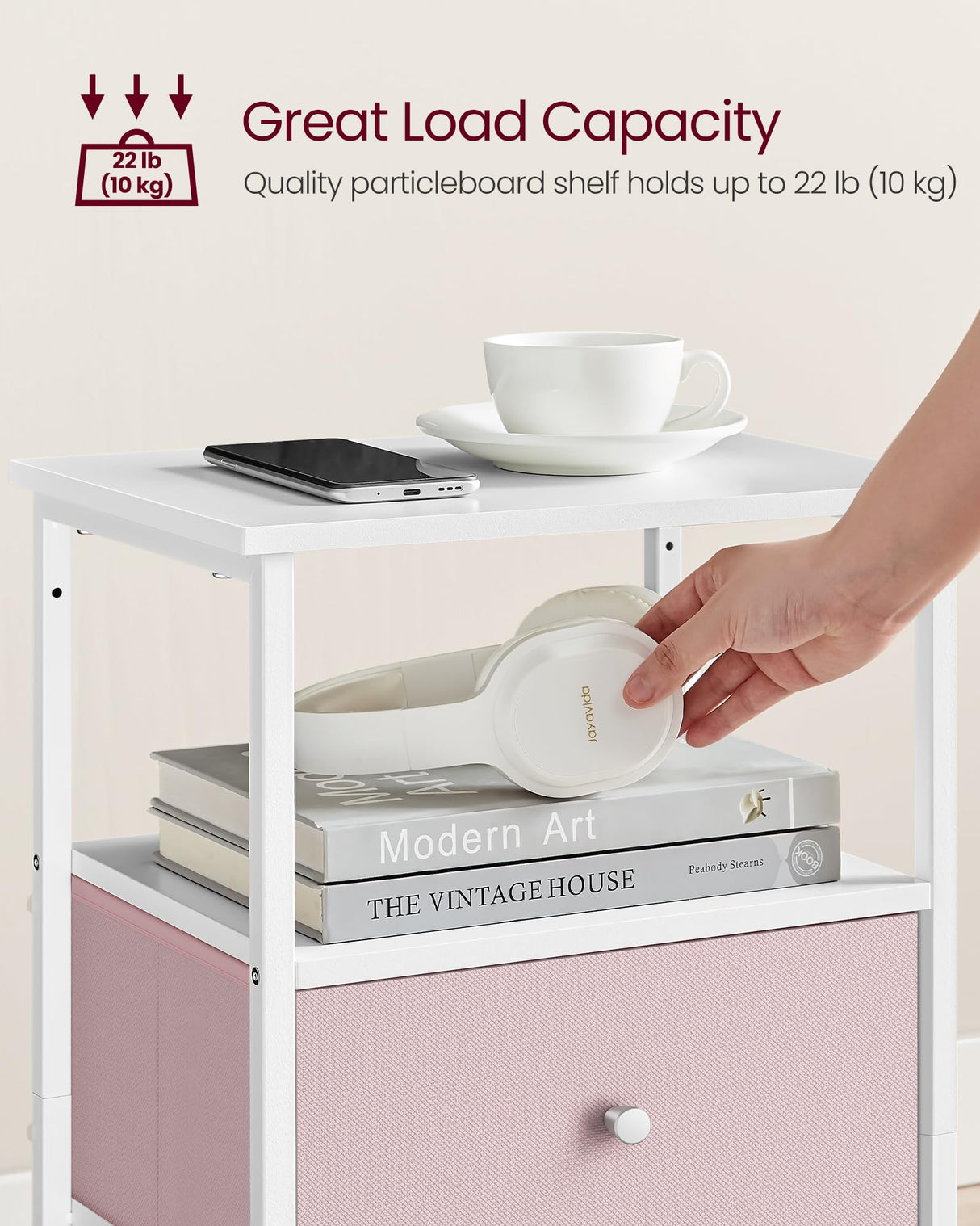 VASAGLE Nightstand, Side Table with 2 Fabric Drawers, 24-Inch Tall End Table with Storage Shelf, Bedroom, Jelly Pink and White ULGS025R05 VASAGLE