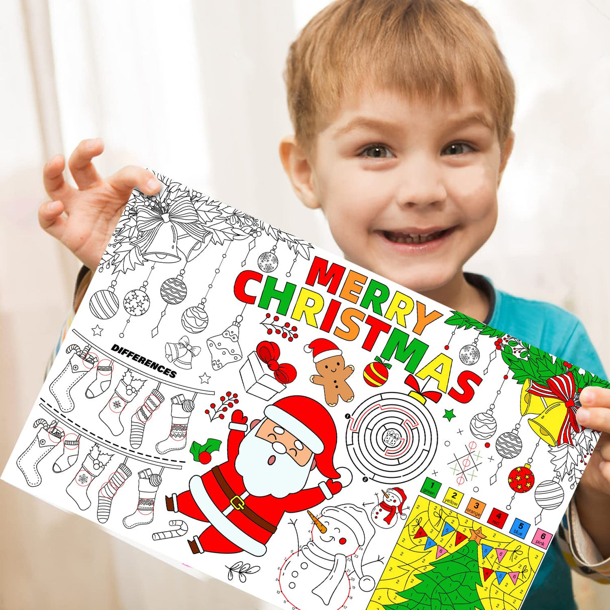 Disposable Santa Place Mats for Kids, 12 Pack - 17'x 11' Paper Table Mat Sheets for Merry Christmas School Party Decorations Gatherfun