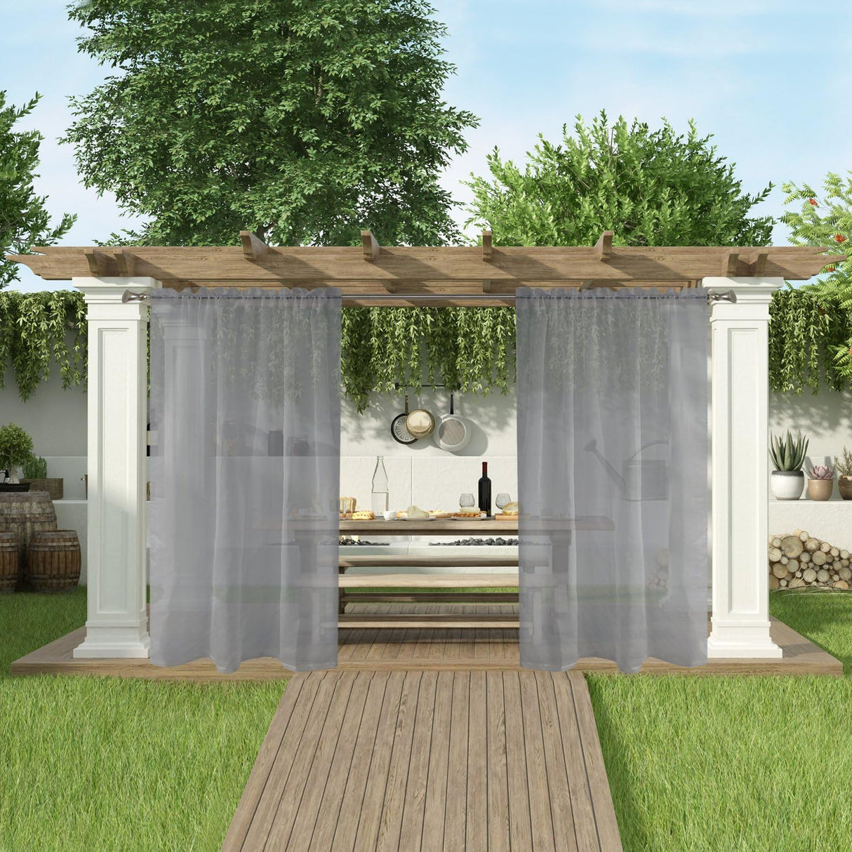 SpaceDresser Waterproof Outdoor Sheer Curtains for Patio - 2 Panels Rod Pocket Indoor Voile Sheer Curtain for Living Room,52W x 84L inch, Grey SpaceDresser