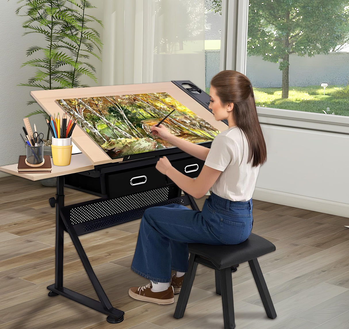 Suuiwau Height Adjustable Drafting Table,Art Desk Drawing Table with 0-80° Tilting Tabletop,Artist Table Diamond Painting Table Craft Work Station with Storage Drawers for Kids Adults Suuiwau