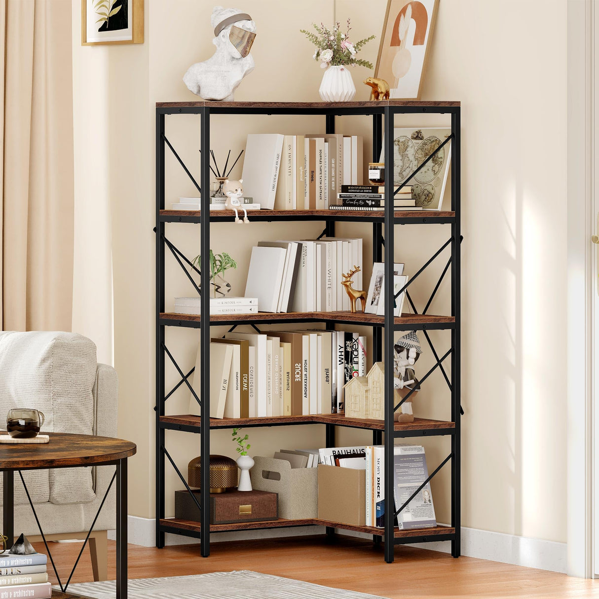 YITAHOME Corner Bookshelf, Industrial Corner Shelf 5 Tier Bookcase, Large Display Rack Storage for Bedroom, Living Room, Home Office,Rustic Brown YITAHOME