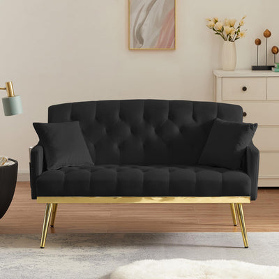 Small Loveseat Sofa, 55.5-inch Modern Sofa Couch with with 2 Side Pockets, Modern Tufted Sofa with Golden Metal Legs, Upholstered Space Saving Love Seat for Living Room, Bedroom, Office, Black